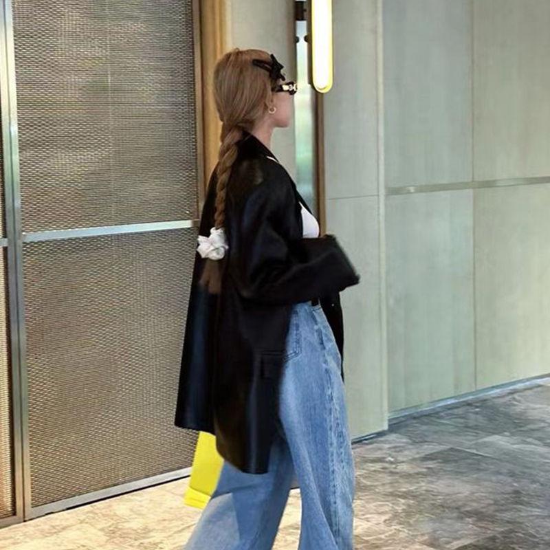 Premium Loose PU Suit Jacket Women with Non-Cracking Padded Shoulders Spring Autumn Fashion Plus Size Suit Female