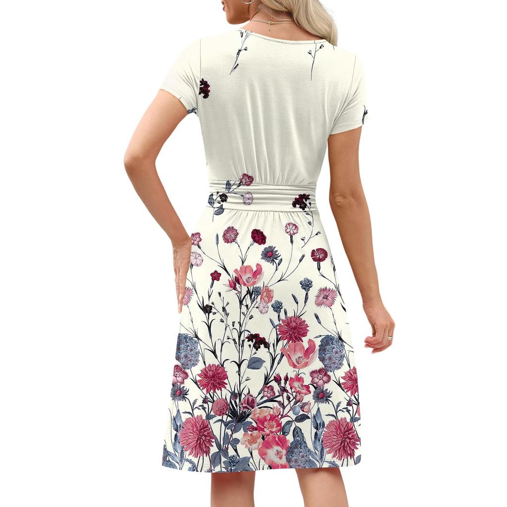 Women's Casual Fashion Round Neck Pleated Short Sleeve Retro Floral A-Line Midi Dress