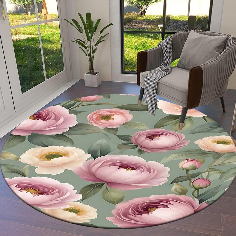 1PC Floral Pattern Non-Slip Floor Round carpet, Office, family, bedroom, Large Area Rug Indoor Rugs, Durable Polyester-Z0420