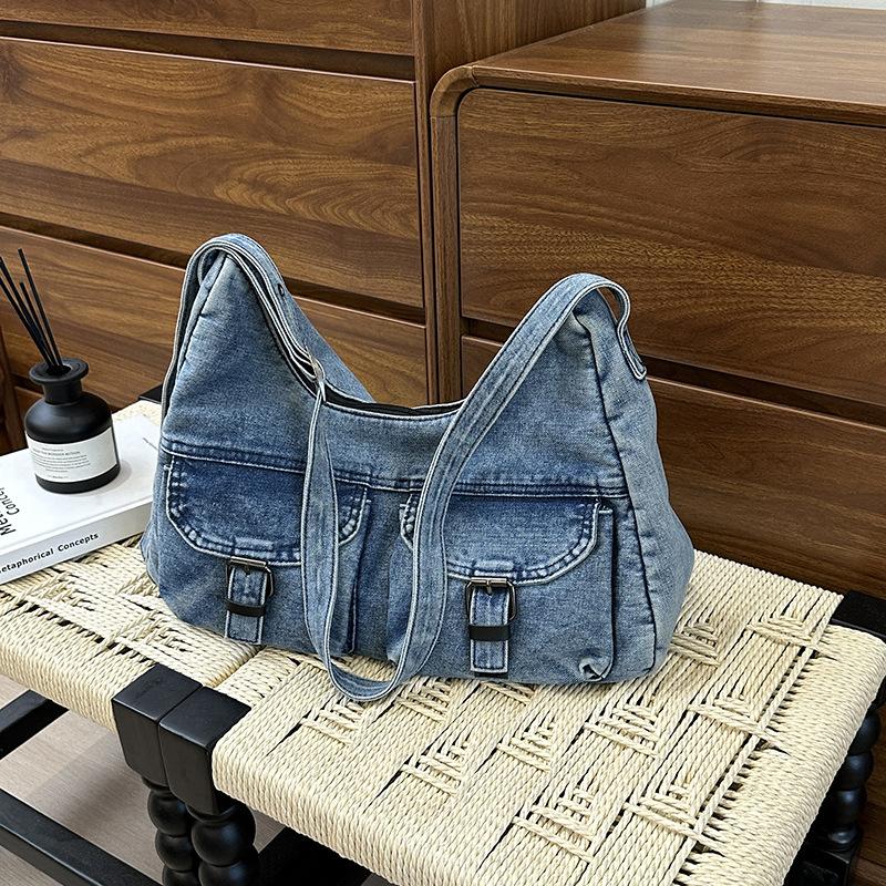 

Вместительная сумка-тоут, простая, для отдыха, для путешествий, большая сумка, женская, летняя новая модель 2025 года, сумка через плечо из старого денима 38*14*21.5 синий