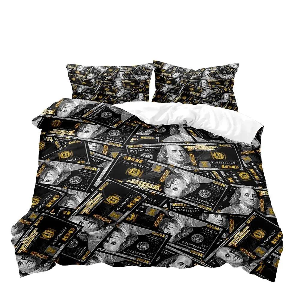 Luxuriöser Geld-Bettbezug, Schwarzes Bettwäsche-Set, Dollar-Schein-Bettdeckenbezug, Schlafzimmerdeko für Männer, 2 Kissenbezüge 3 Teile