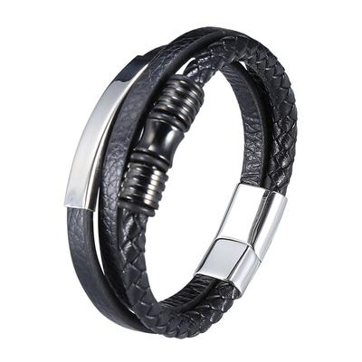 Mode Roestvrij Staal Bedel Mannen Armband Sluiting Gevlochten Meerlaags Leer Omwikkeling Punk Armbanden Mannen Sieraden BB0999