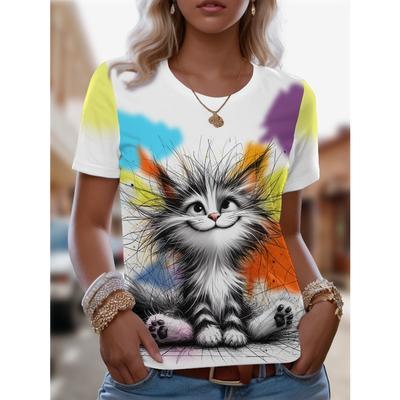Plus Size Tees Women's Short Sleeved 3D Printed Top Holiday Cat Animal Pattern Weekend Basic Round Neck T Shirt Summer