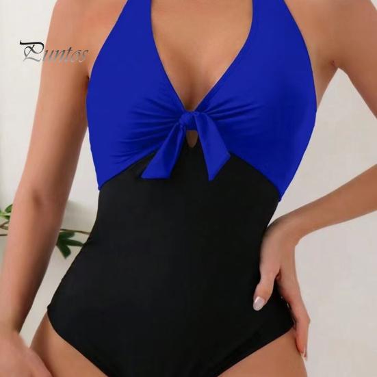 Women Sexy Summer Monokini Halter Deep V-Neck One-piece Swimsuit Patchwork Color Bowknot Decor High Waist Backless Beachwear