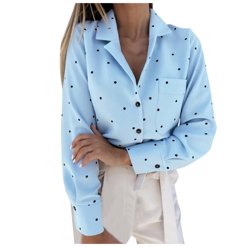 Chemise décontractée à pois pour femmes, simple boutonnage, coutures à revers, manches longues, ample en mousseline de soie