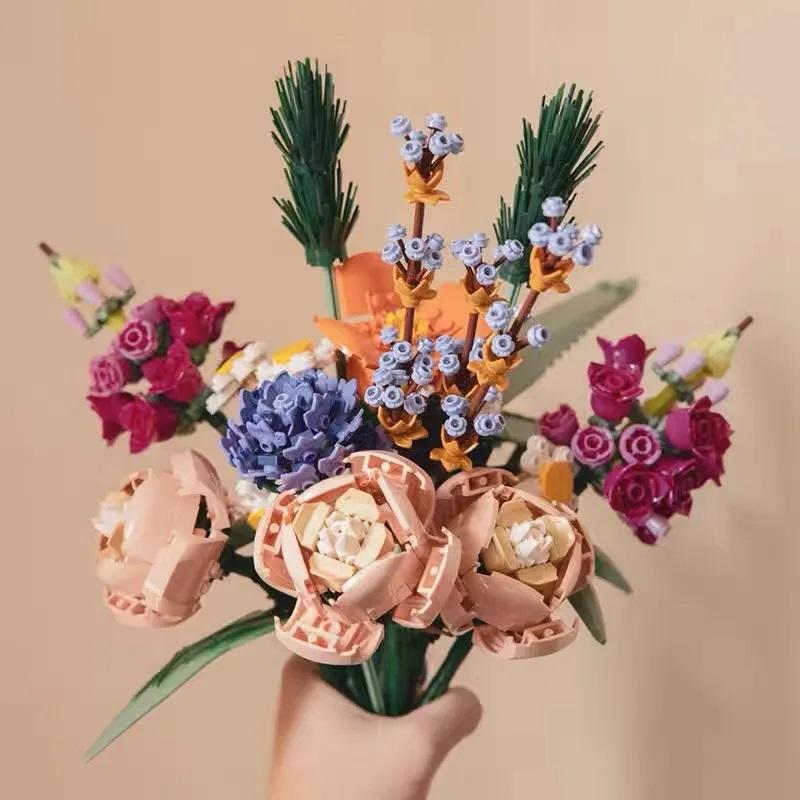 Kreativa 8 buketter av eviga blommor, rosor, orkidéer, suckulenter, byggklossar, bonsai-leksaker, presenter till flickor och barn