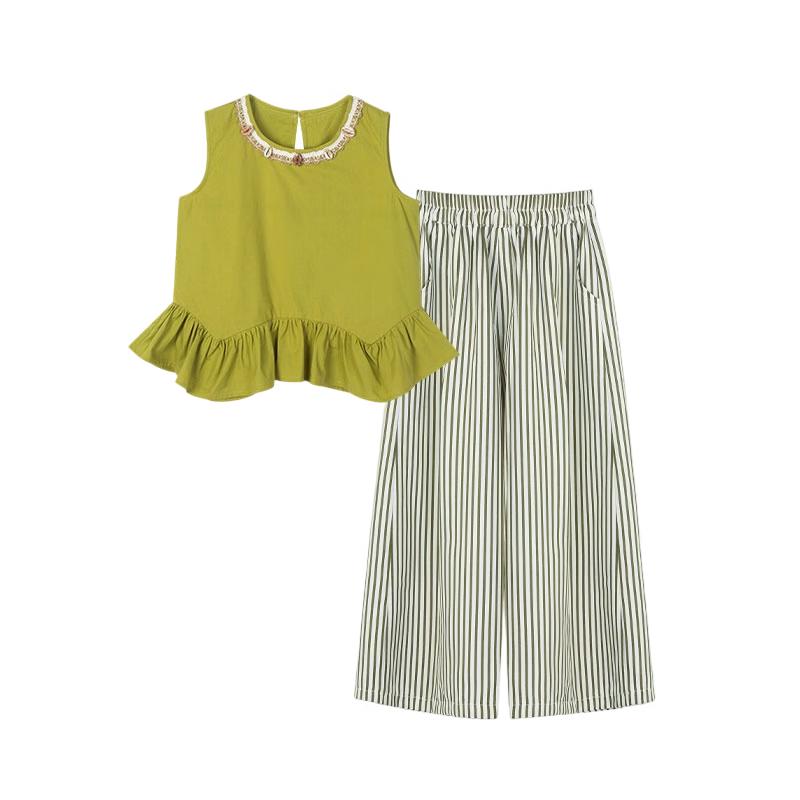 Girls' Ruffle Top & Striped Wide-Leg Pants Set