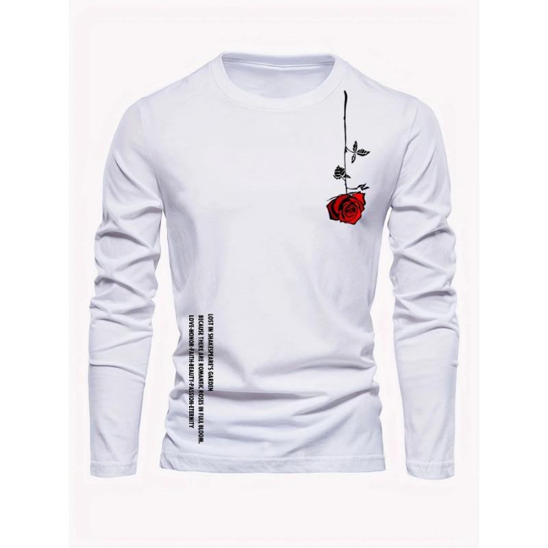Herren langärmliges rundhalsiges lockeres lässiges T-Shirt-Oberteil mit Rosen-Buchstaben-Aufdruck für Frühling und Herbst, vielseitig