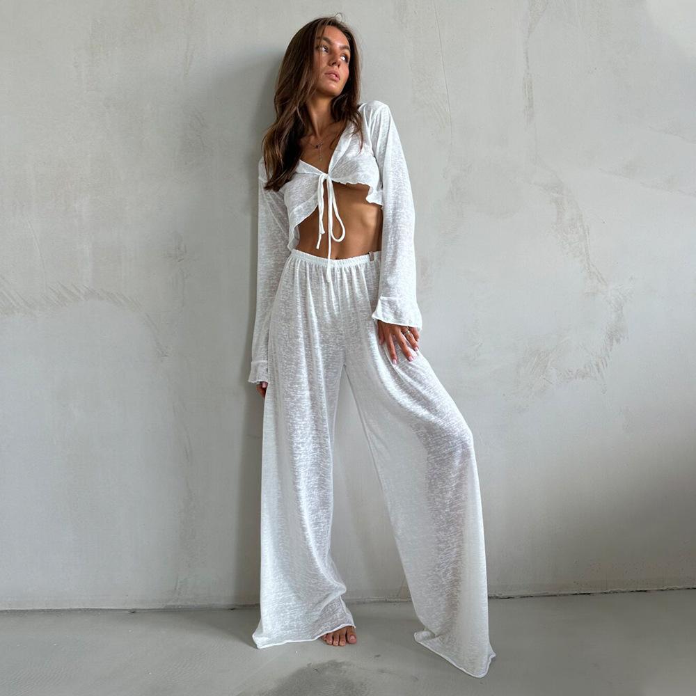 Women's 2 Piece Outfits Pajama Sets Long Sleeve Lounge Sets Pjs Sleepwear Sexy Drawstring Crop Tops and Soft Wide Leg Pants Slouchy Set for Women