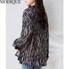 MODIQUE Frühling Sommer Übergröße Neue Damen Lose Vintage Zebrastreifen Bluse Shirts Weibliche Chiffon Casual Übergröße Langarm V-Ausschnitt Top