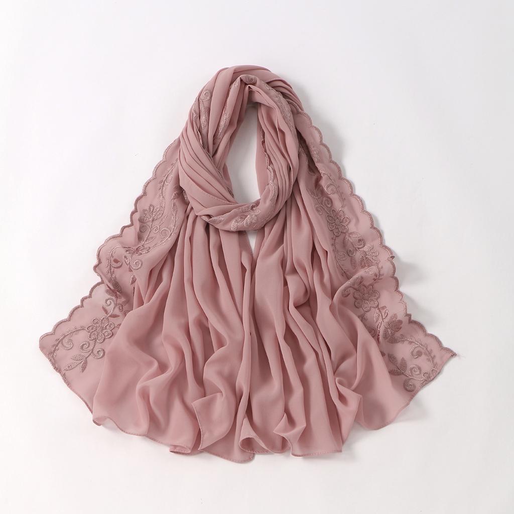 Floral Embroidery Edge Chiffon Silk Scarf Women Muslim Hijab Headscarf Soft Wraps Headband Summer Sunscreen Shawls Beach Shawls