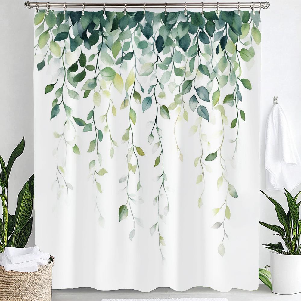 Blue Watercolor Plants Flower and Bird Print Waterproof Shower Curtain Partition Privacy Hanging Curtain with 12 Hooks Washable