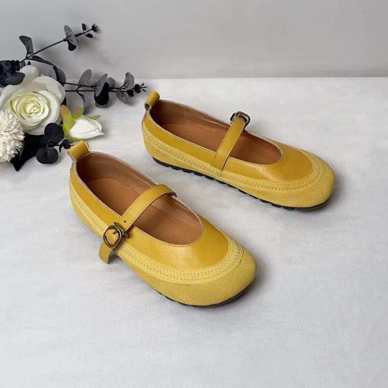 

Johnature Натуральная кожа Мягкая подошва Ретро Женская обувь Универсальный Круглый носок Пряжка ремня Балетки 40