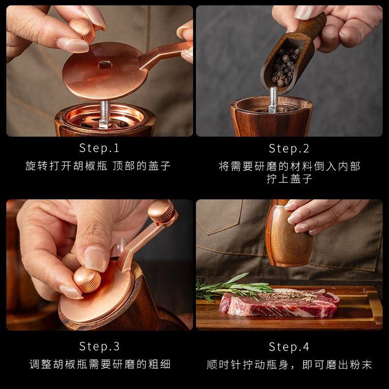 Salz- und Pfeffermühlen-Set aus Akazienholz mit Handkurbel, Vase, schwarze Pfeffermühle, Rosensalzmühle mit Sockel, Salzstreuer, Mühle, Grillwerkzeug
