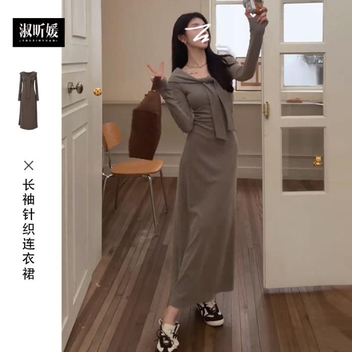 

Pure desire gentle temperament splicing lace-up long-sleeved knitted dress women s early autumn new waist and thin long dress women s clothing S