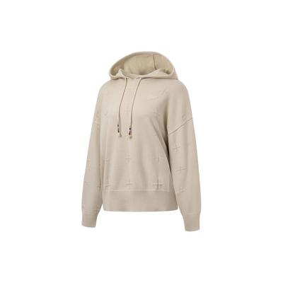 Li Ning Einfarbiger Locker Geschnittener Kapuzenpullover Langarm Strickpullover Damenpullover Hell-Milchbraun AMBT050-1
