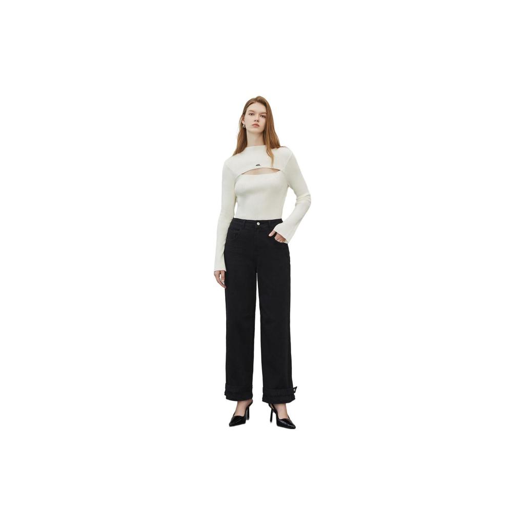 ELLE High-Waisted Straight Leg Jeans Women bottoms Black EQ35836
