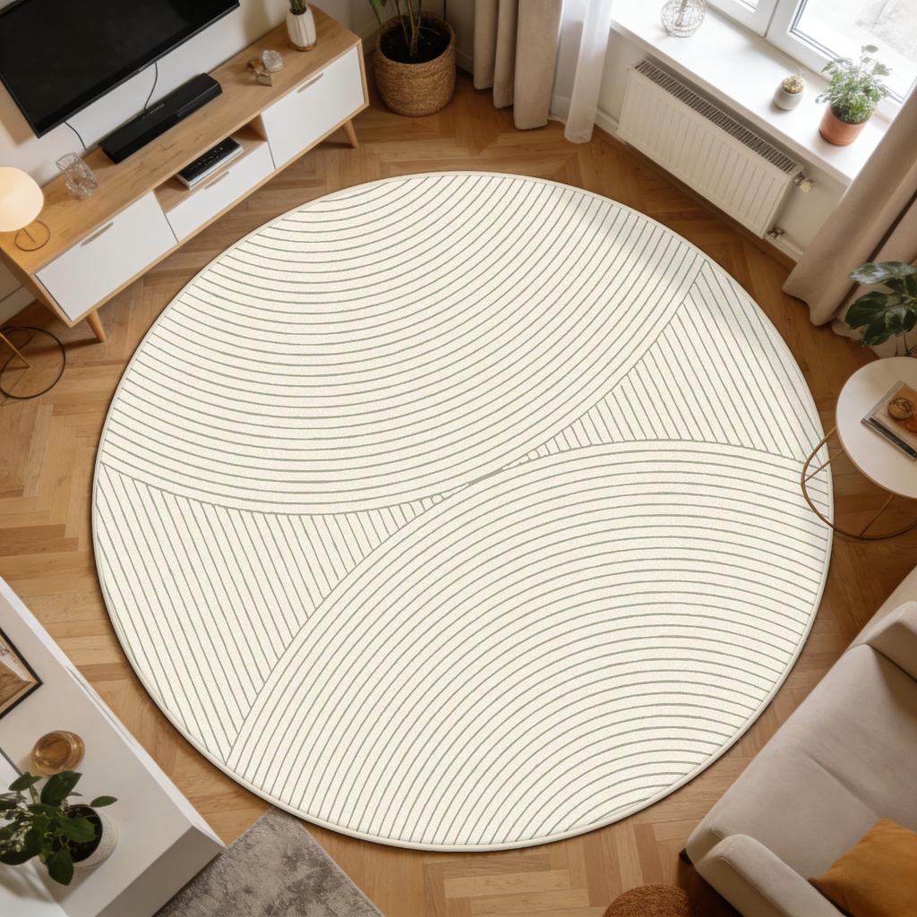Light Beige Minimalist Lines Living Room Round Rug Decoration Bedroom Office Fluffy Carpet Easy Clean Soft Tables Chairs Mats