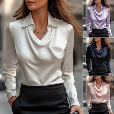 Camisa Feminina Lapela Gola Balanço Manga Longa Casual Solta Cor Sólida Versátil Cetim Liso Camisa Uso Diário