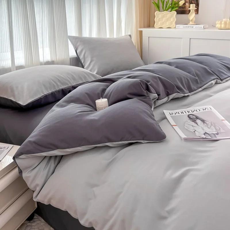 2-side Solid Color Brush Fabric Bed Set 4 Pieces Duvet Cover Pillowcase Bedding Set Bed Sheet Quilt Cover Single Queen King Size