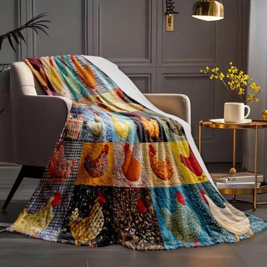 Kohout Kostkovaný Vzor Deka Farmářská Flanelová Deka Vintage Potisk Kuřat Útulná Přehozová Deka Farmářská Prošívaná Deka pro Domov Postel Pohovka Dárek k Kolaudaci