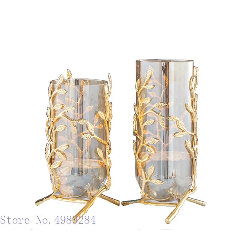 Glass Metal Vase Hollow Gold Metal Frame Branches Rattan Transparent Flower Vase Flower Arrangement Hydroponics Home Decoration
