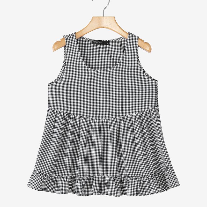 

ZANZEA Women Casual Round Neck Grid Print Loose Sleeveless Tank Tops 4XL чёрный