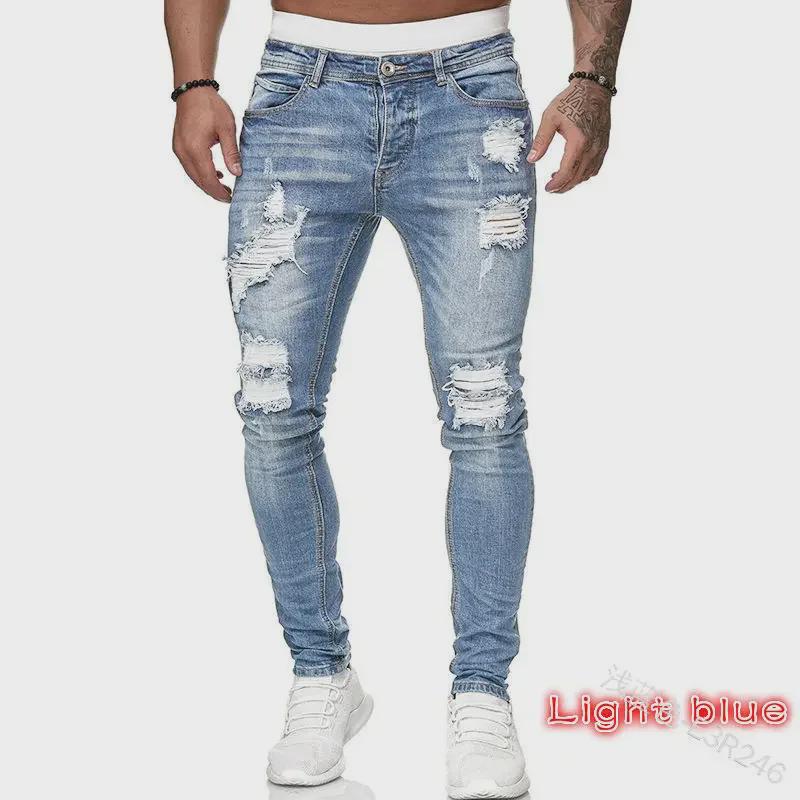 Men's Ripped Skinny Badge-Style Denim Jeans with Zipper Holes
