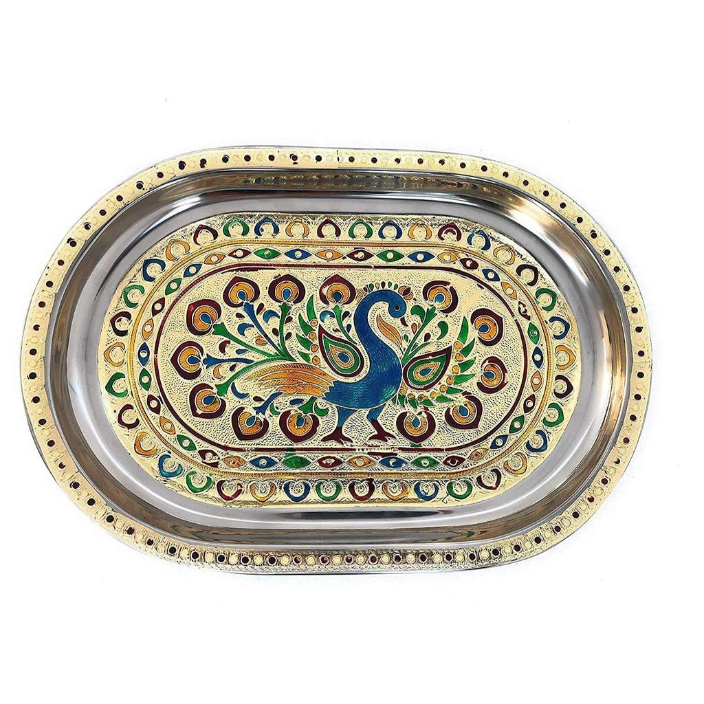 Handicrafts Set of 6 Stainless Steel Glass Indian Handmade Meena Work Peacock Design Golden Color Diwali Christmas Tumbler Gift Set With Serving Tray