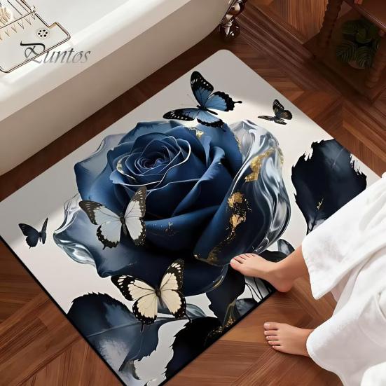 Realistic Rose Bathroom Rug 3D Floor Mat Flower Pattern Non-Slip Bath Anti-slip And Butterflies for Entrance Bedroom Living Room Butterfly Design