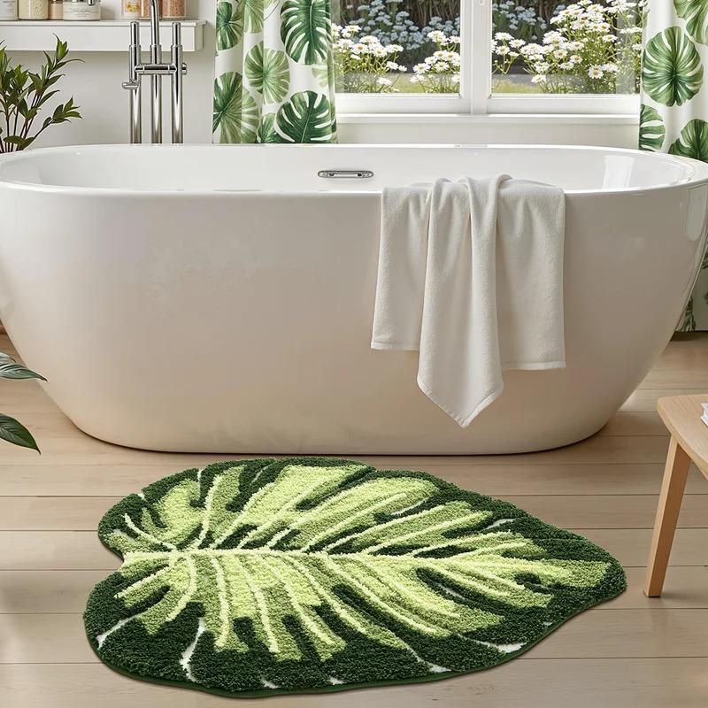 Green Leaf Bath Mat Machine Washable Bathroom Rug, Non-Slip Shower Mat for Bathroom and Bedroom Home Decor, Quick-Dry