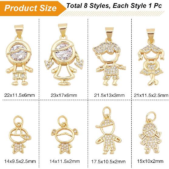 SUPERFINDINGS 8 Styles Girl or Boy Charms Beads Micro Pave Clear Cubic Zirconia Charms Golden Crystal Boy Girl Pendants for Bracelets Earrings