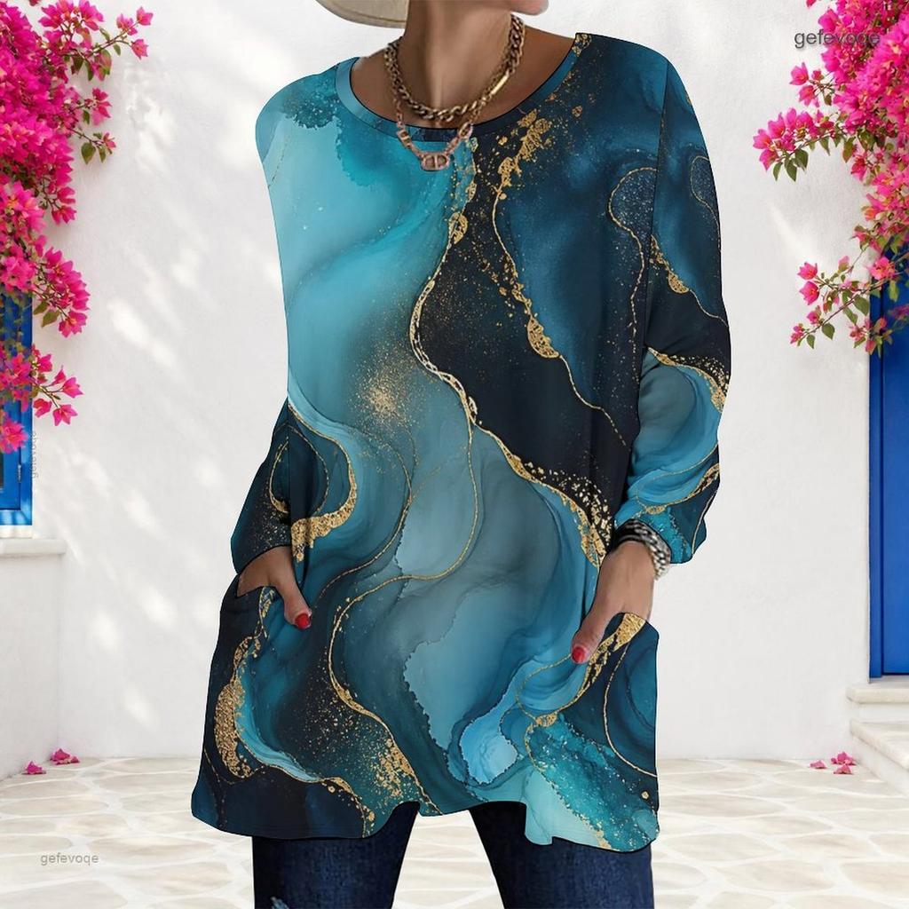 Women Plus Size Round Neck Long Sleeve Black Printed Loose Longline T Shirt With Pockets