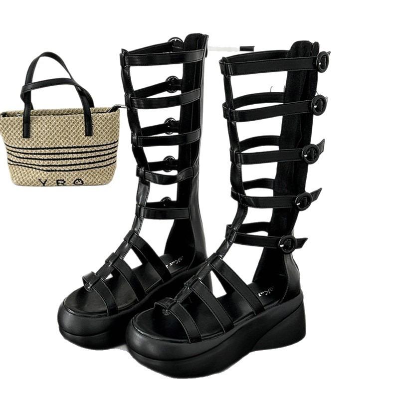 Punk Long Cool Boots Autumn New Elastic Sexy Hollow Wedge Heel Platform Sandals