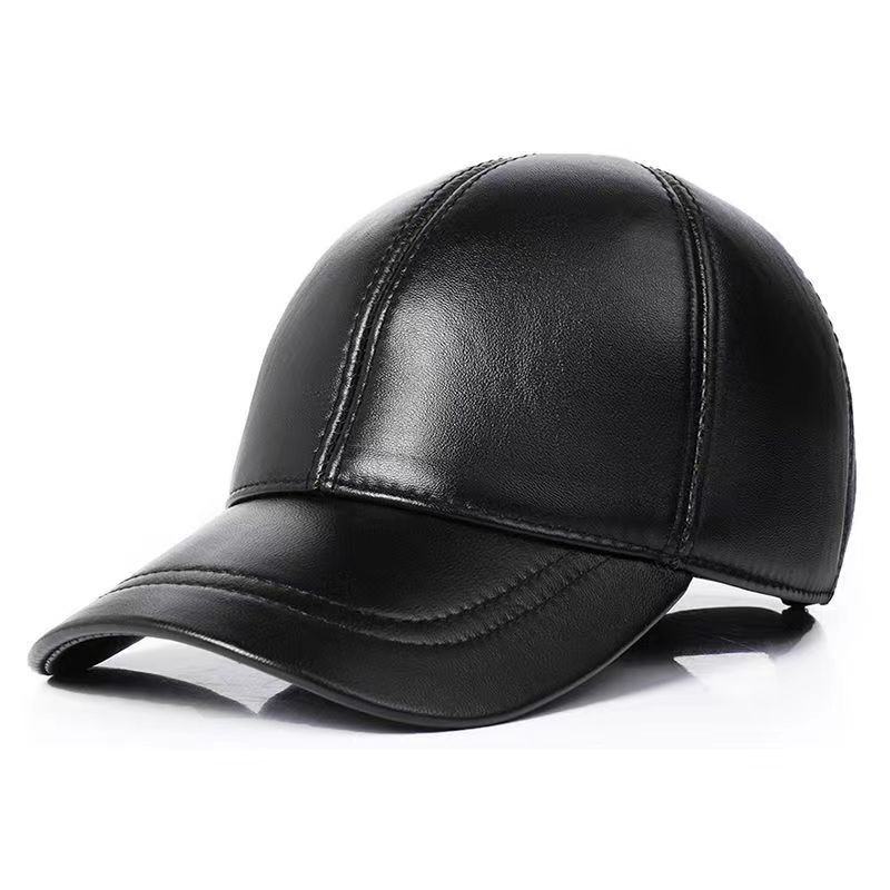 Korean Genuine Leather Cap - Autumn Winter Warm Cowhide Baseball Hat with Ear Flaps, Middle Aged Men Outdoor