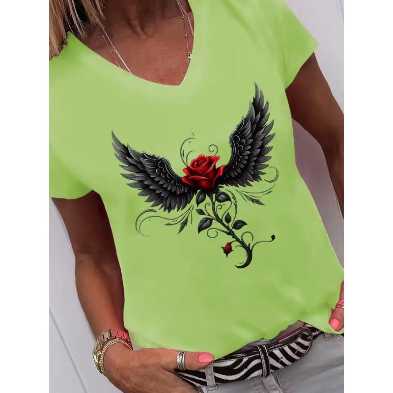 T-shirt à manches courtes pour femme avec imprimé floral et feuilles, col en V