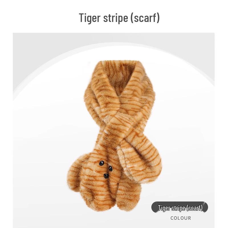 Women's Thickened Warm Scarf & Little Bear Fisherman Hat with Neck Protection, Trendy Cartoon Leopard Print Color Block.