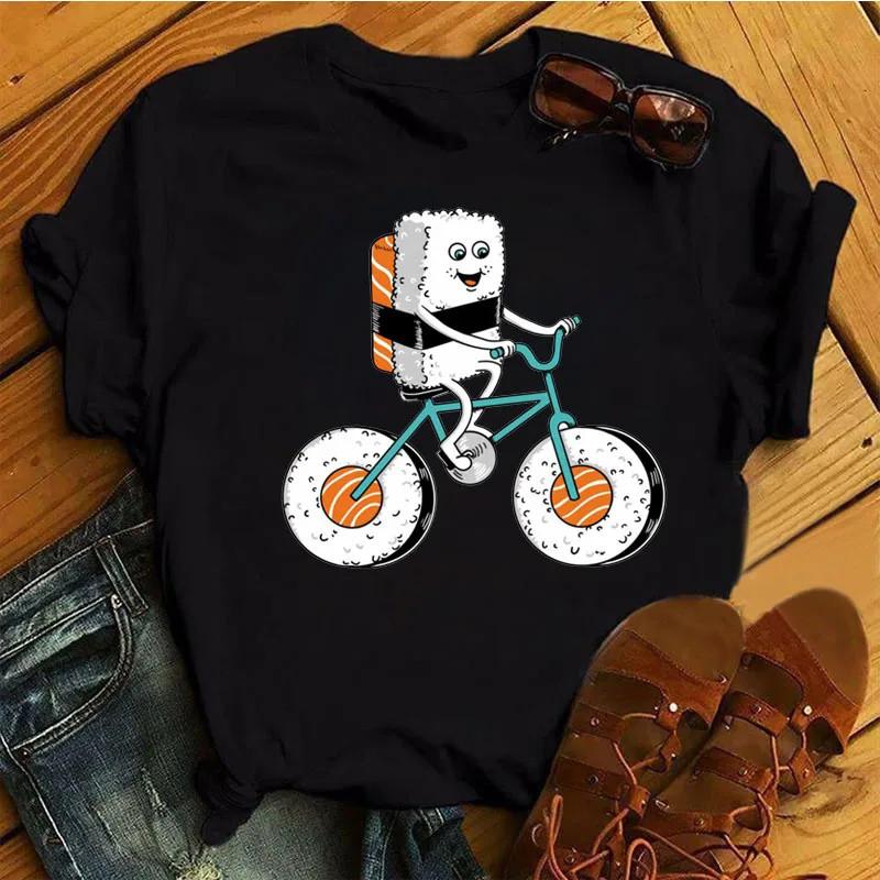 Cute Sushi hug Women T-shirts Summer black Short Sleeve T shirt girl femme O-Nock Kawaii Clothing Top tee Ladies Harajuku Tshirt