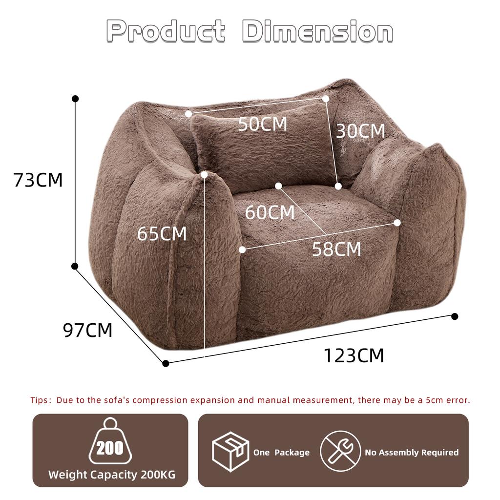 Giant Bean Bag Chair with pillow, Comfy Large Bean Bag Chairs for Adults and Kids, Faux Fur Floor Sofa for Living Room Bedroom Apartment,Khaki