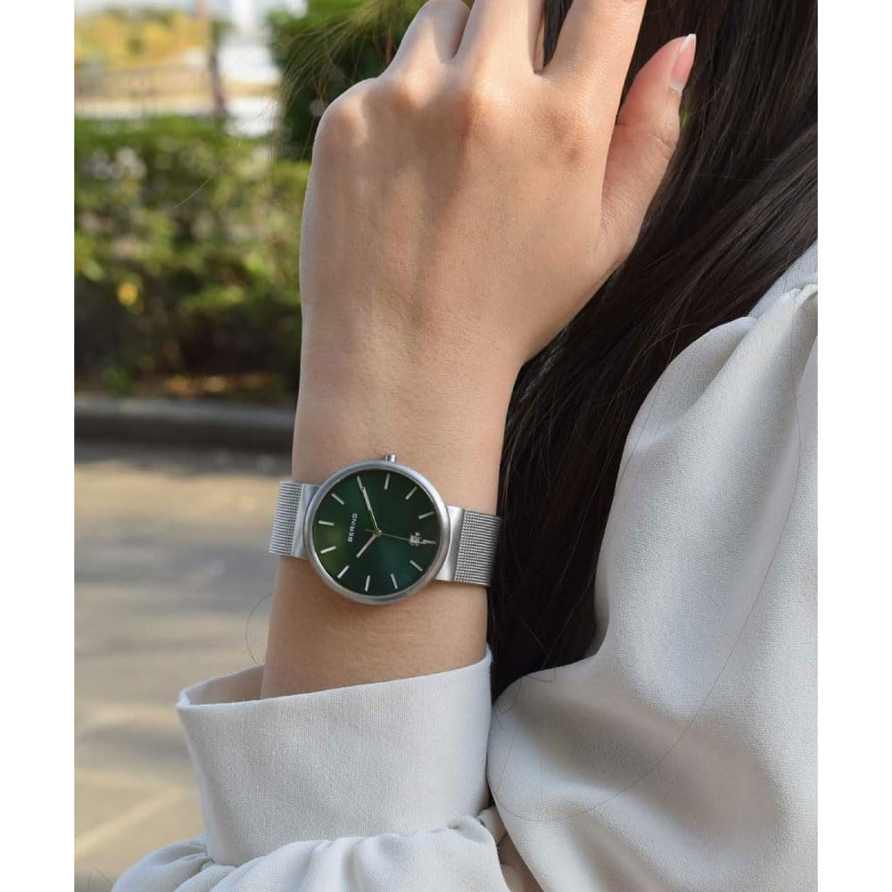 Bering Classic Scandinavian Carved Mesh Watch, Silver, 11035-008