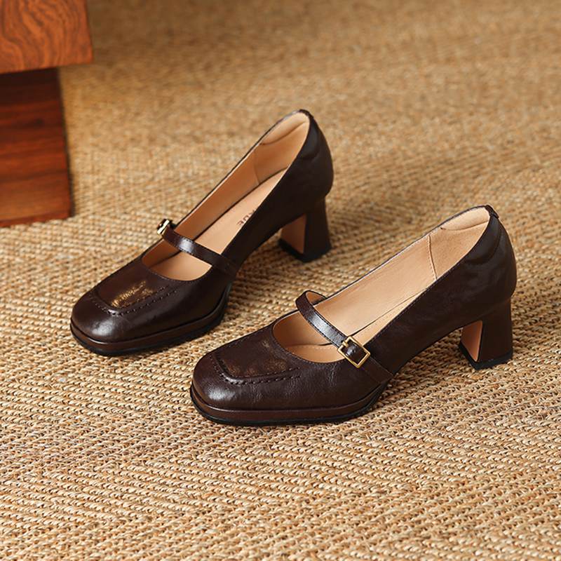 Krazing Pot Sheepskin Square Toe Size 40 High Heels Metal Buckle Decoration Fashion Gladiator Autumn Pumps