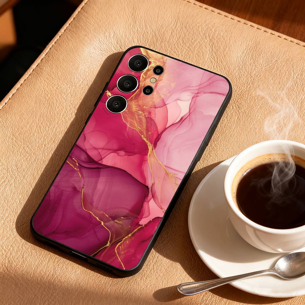Gold Pink Geometric Marble Phone Case For Samsung S26,S25,24,23,22,30,21,10,9,Ultra,Plus,Lite,Black Soft Case