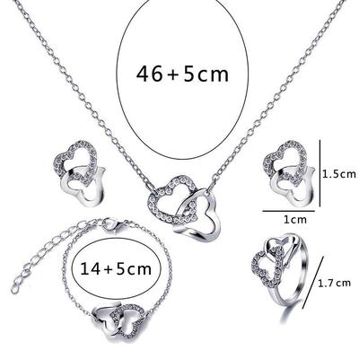 Set di Gioielli a Cuore Stile Europeo e Americano: Collana di diamanti, Bracciale, Orecchini a lobo, Anello - Collezione versatile in quattro pezzi.
