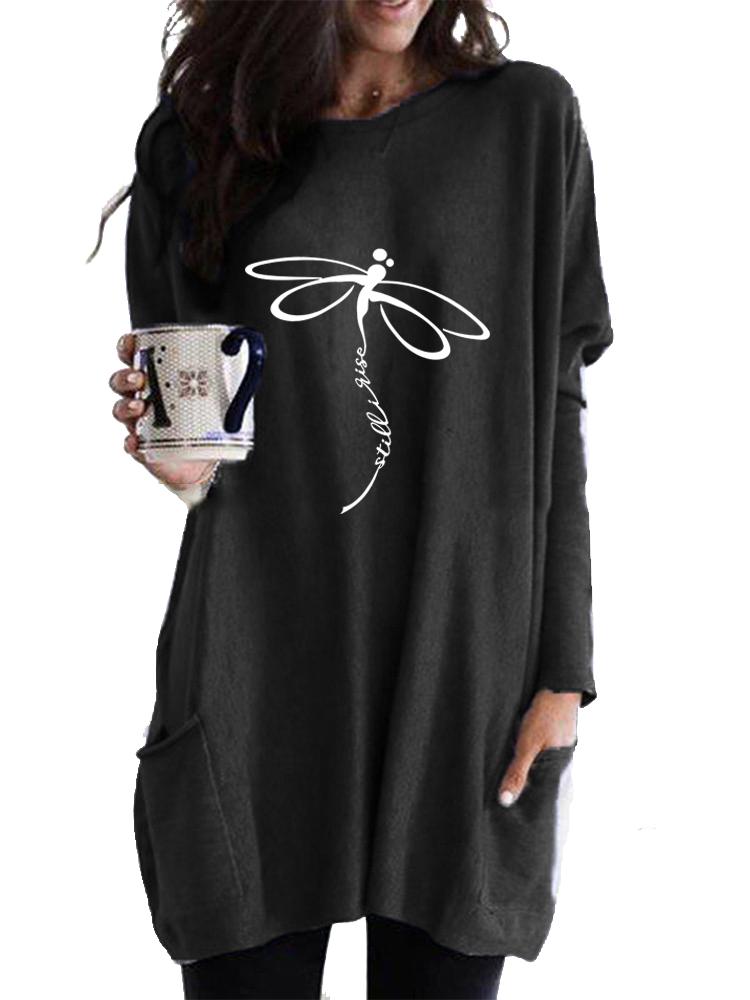 Women's Long Tunic with Pockets Loose Fit Printed Logn Sleeve Top