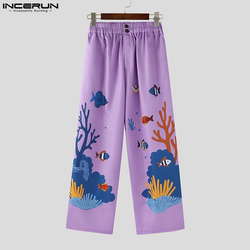 INCERUN Men Casual Loose Elastic Waist Printing Long Pants Trousers with Pockets