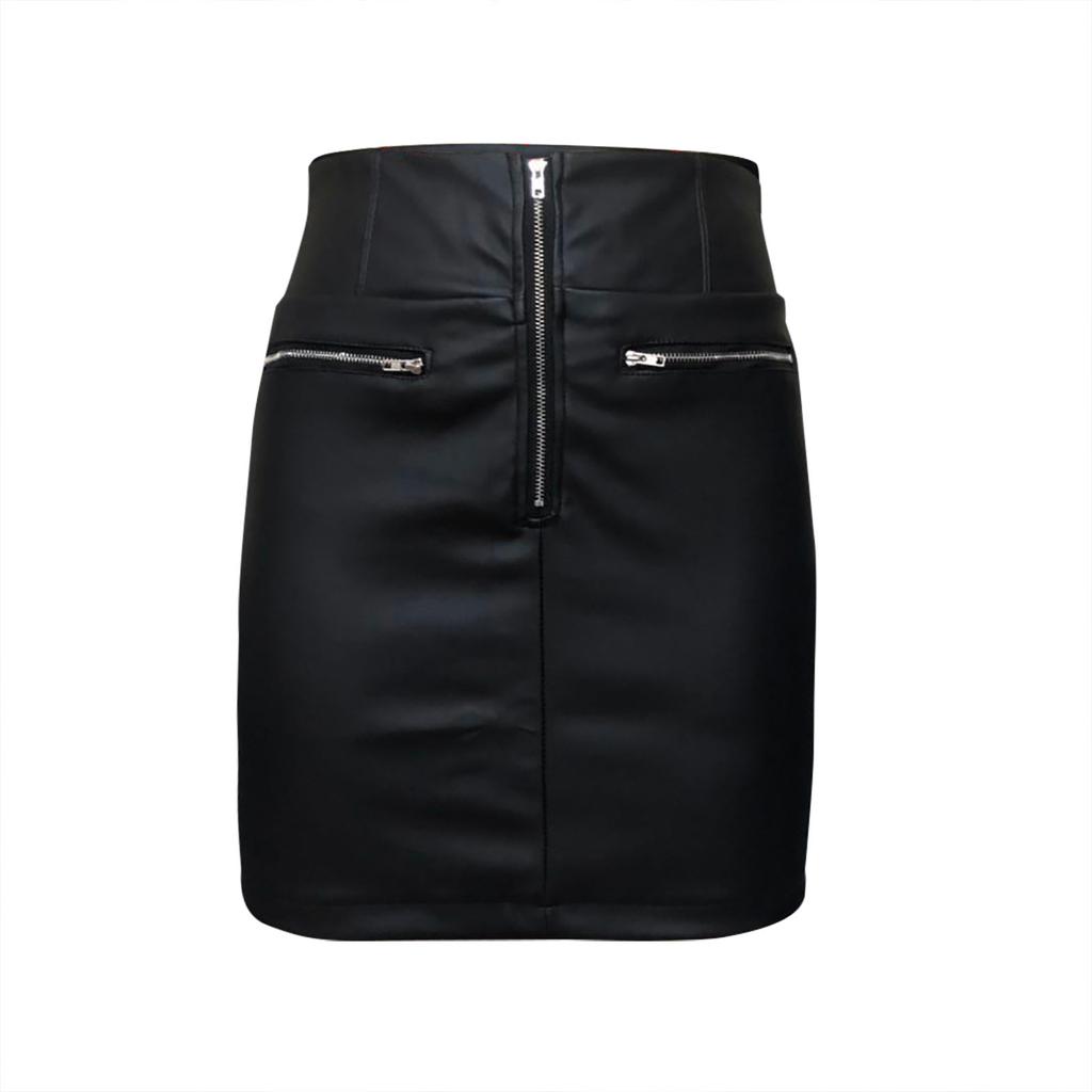 Women's Fashion Temperament Solid Color Leather Sexy  Zipper High Waist Bag Hip Short Skirt