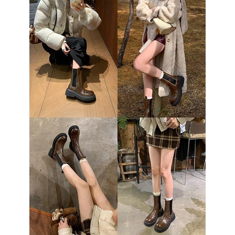 Cowhide Version~ Thick-soled Chelsea Short Boots Women's Round Head Elastic Band Thick Heel Medium Tube Martin Boots