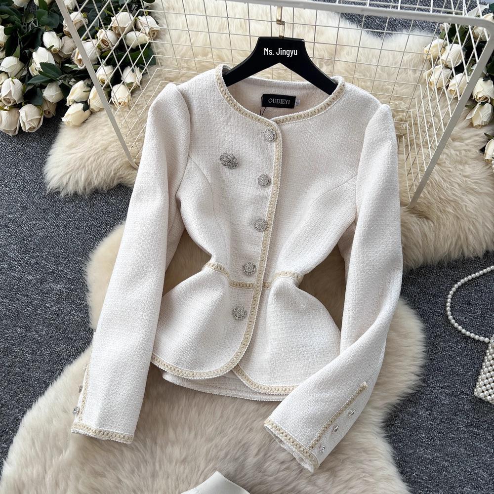Autumn Women's High-End French Style Suit: Round Neck Blazer & Mesh Pleated Skirt