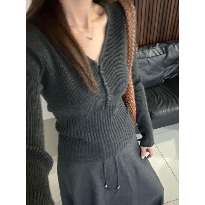 

V-neck Knitting Bottoming Shirt Women s Inner Wear Fall and Winter New Arrival Thickened Soft Glutinous Waist-Controlled Slimming Long Sleeve Tops Gray S