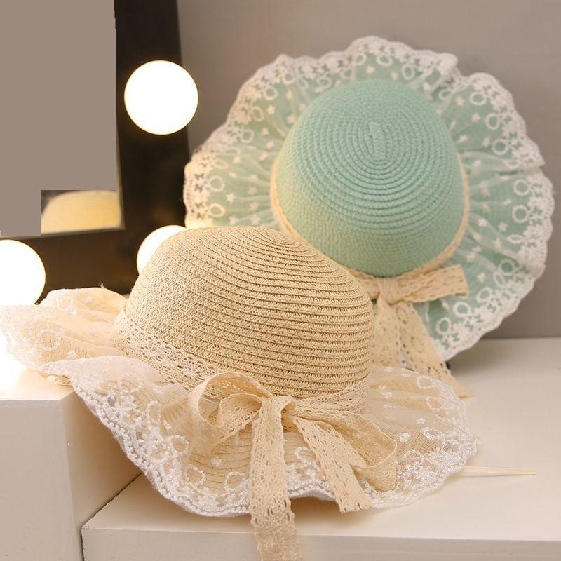 Girl's Sunscreen Lace Straw Hat Summer Children's Sunshade Travel Princess Wind and Snow Spinning Cool Hat